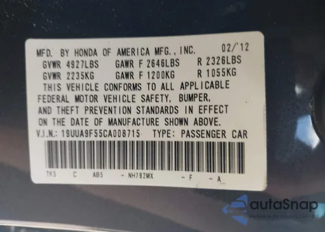 2012 Acura Tl from USA, damaged, VIN 19UUA9F55CA008715